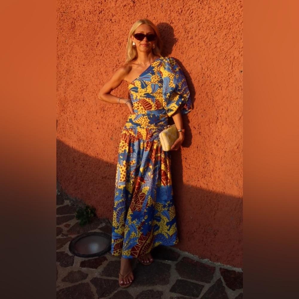 FARM Rio One Shoulder Dress with Blue and Yellow Patterns